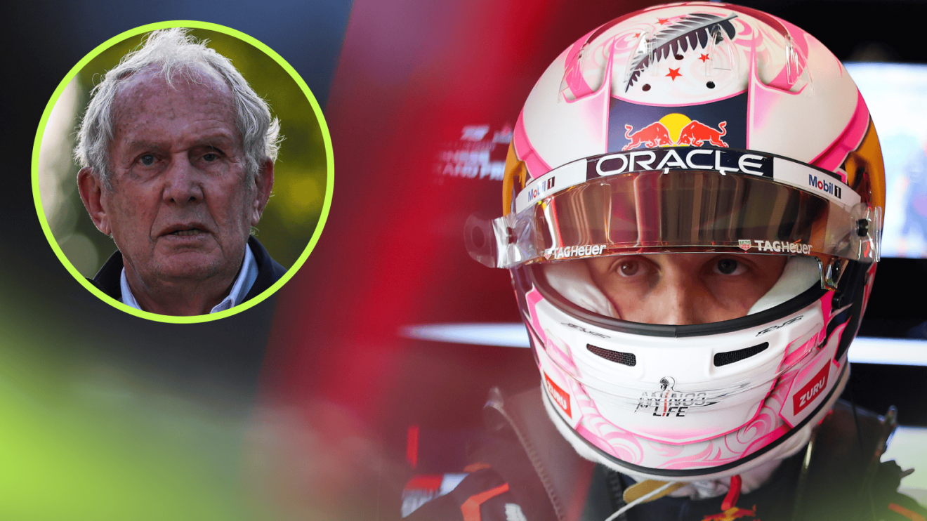 Liam Lawson with the helmet of his visor open with an inset of Helmut Marko alongside him