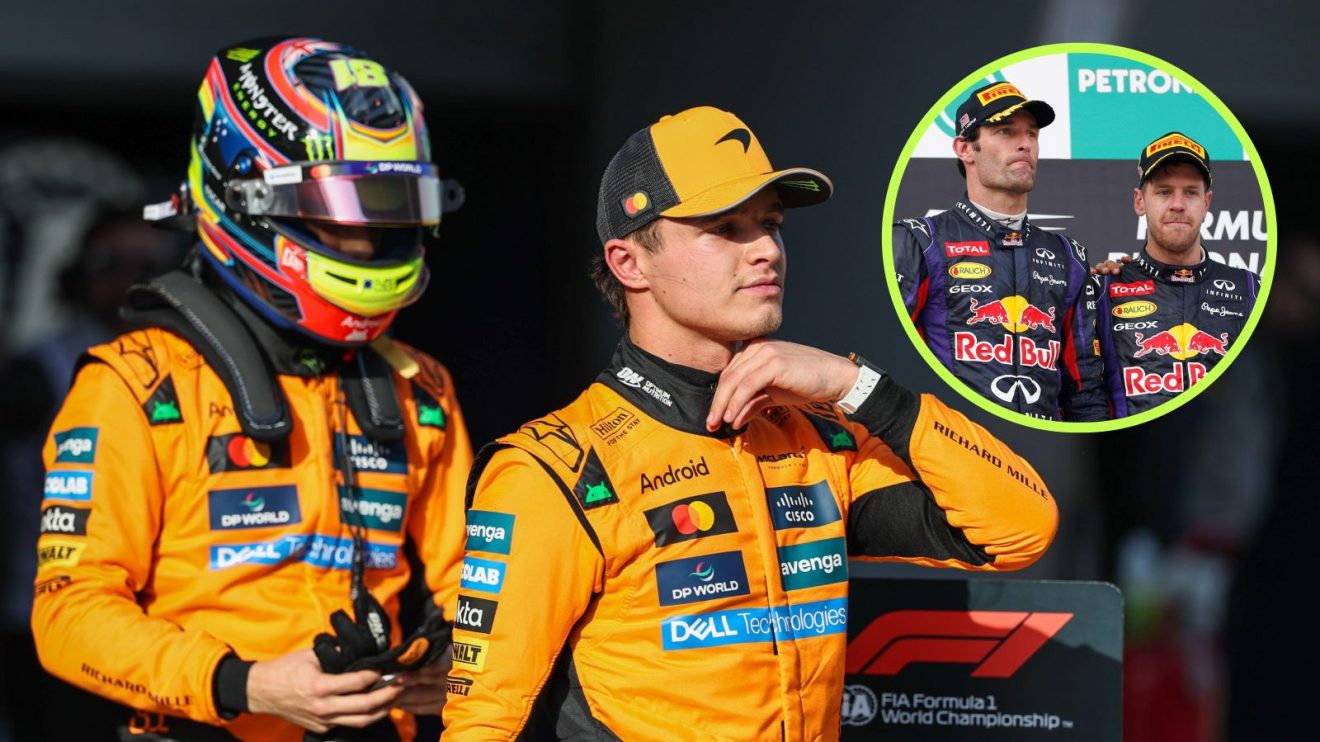 Oscar Piastri, Lando Norris, Mark Webber and Sebastian Vettel