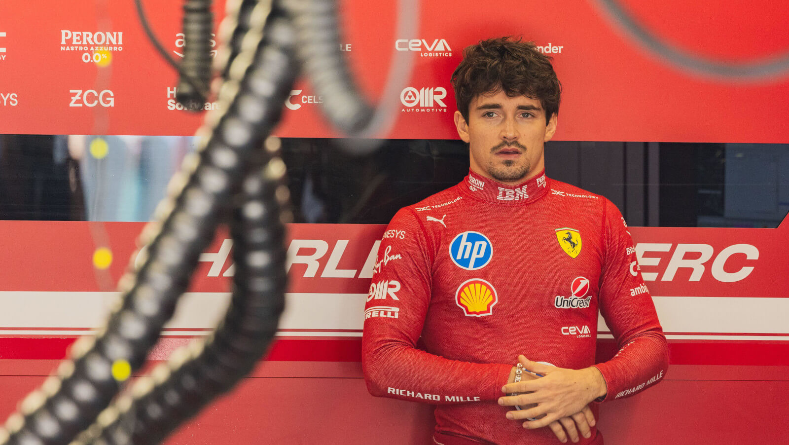 Charles Leclerc in the Ferrari garage