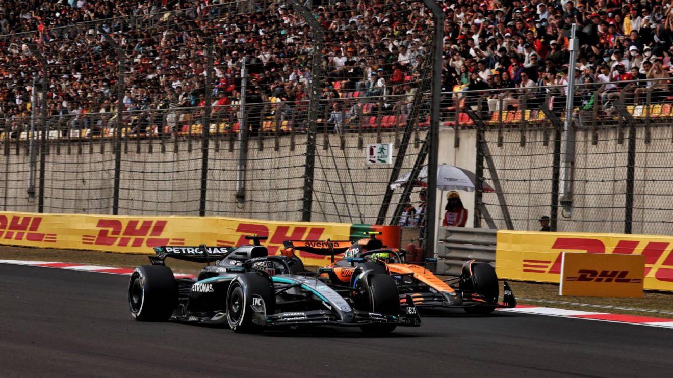 Mercedes' George Russell and McLaren's Lando Norris battle at the 2025 Chinese Grand Prix.