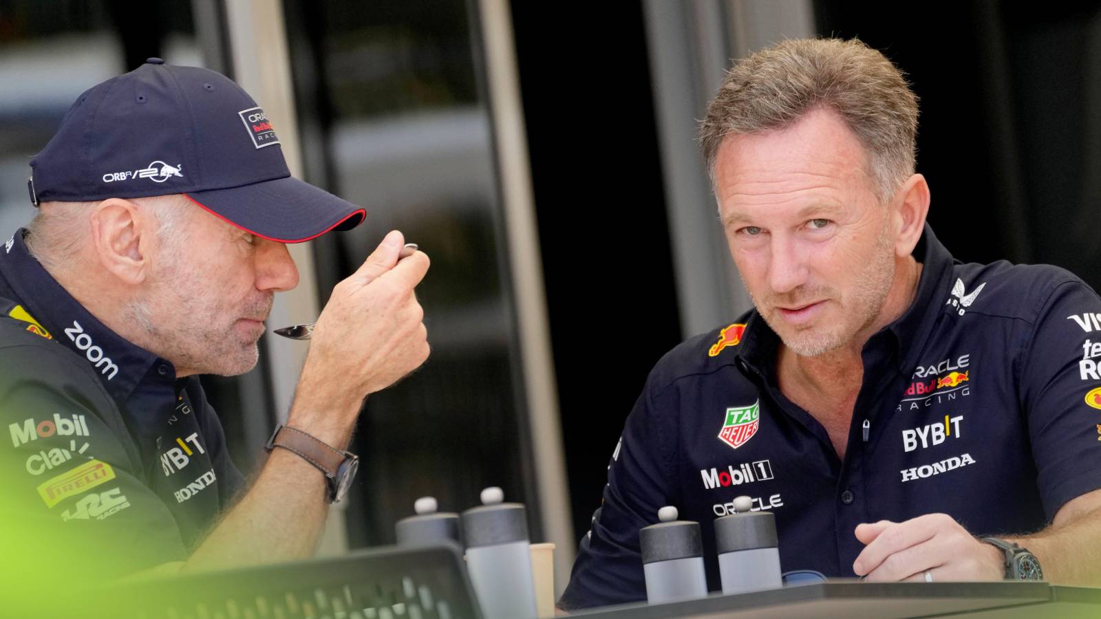 Red Bull's Christian Horner and then-chief technical officer Adrian Newey at the 2024 Bahrain Grand Prix.