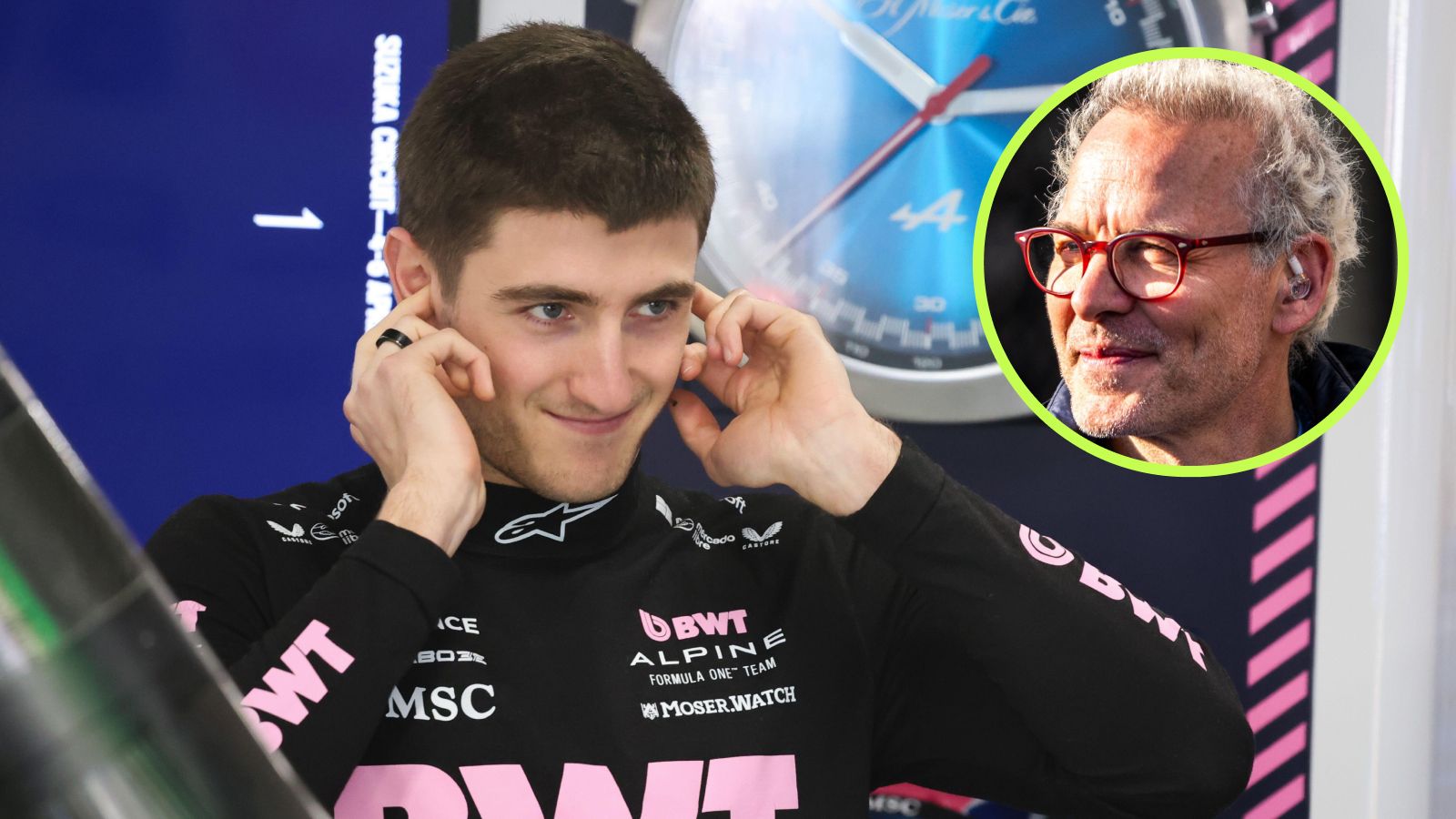 Jack Doohan puts his fingers to his ears in the Alpine garage, as Jacques Villeneuve looks his way from a circle