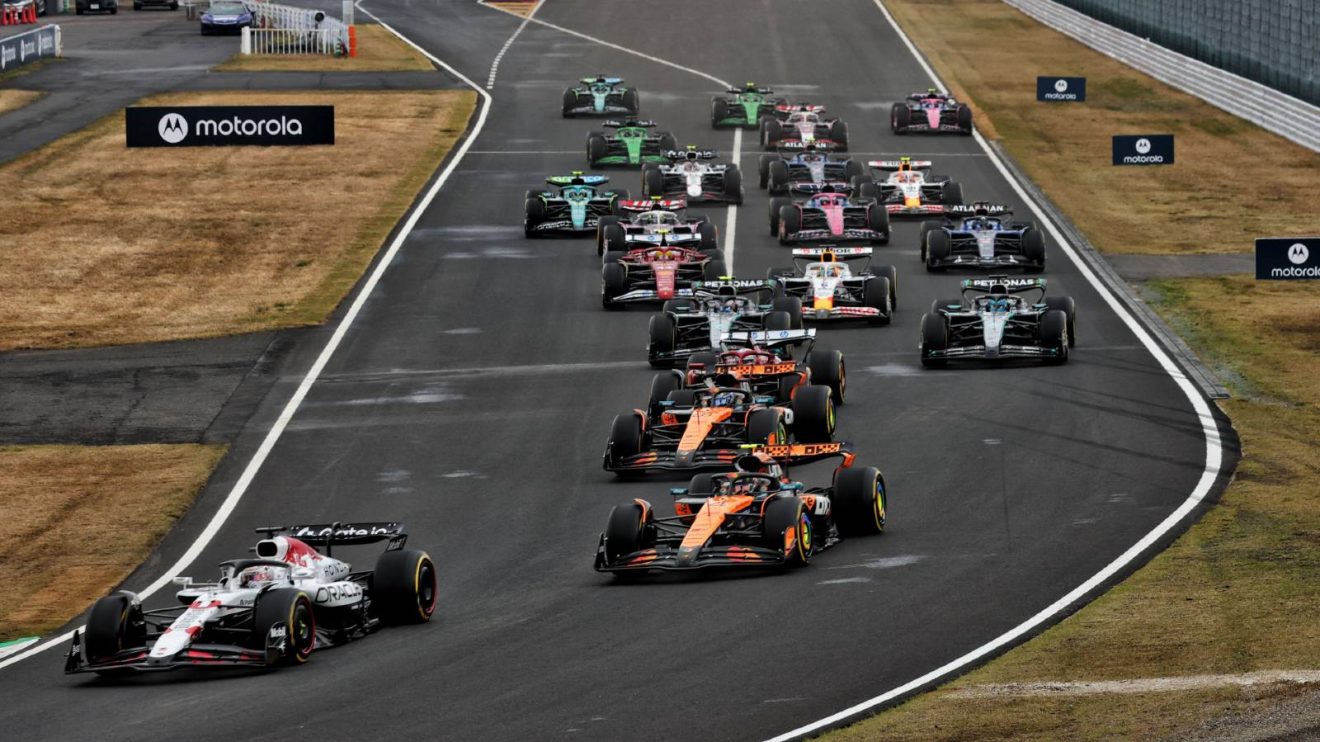 Red Bull's Max Verstappen leads into Turn 1 at the 2025 Japanese Grand Prix.