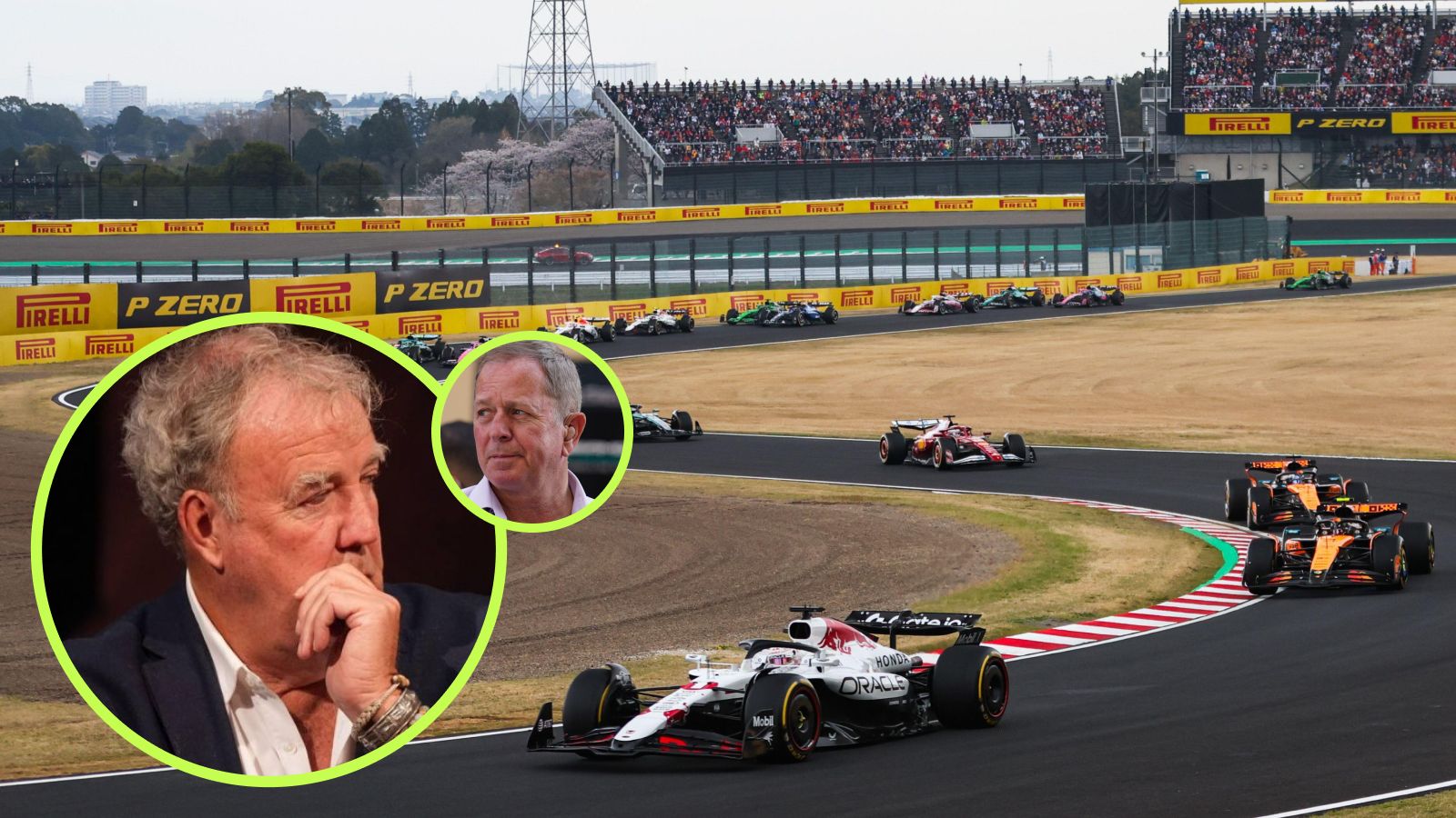 The start of the 2025 Japanese Grand Prix, with Jeremy Clarkson in a circle looking towards Martin Brundle in a smaller circle