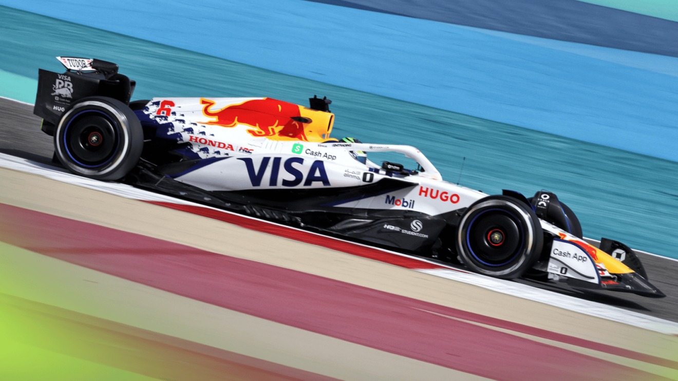 A side-profile image of Isack Hadjar's Racing Bulls car on track in Bahrain