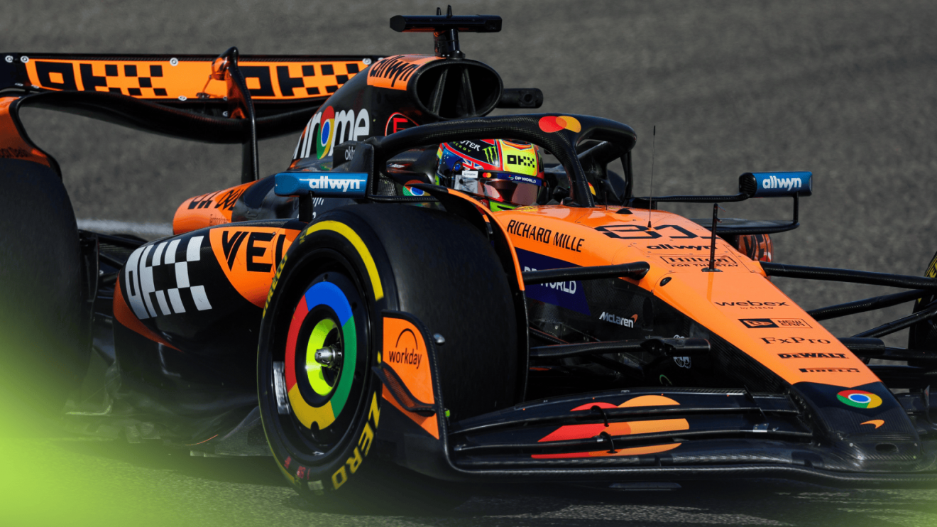 An action shot of Oscar Piastri's McLaren on track in practice in Bahrain