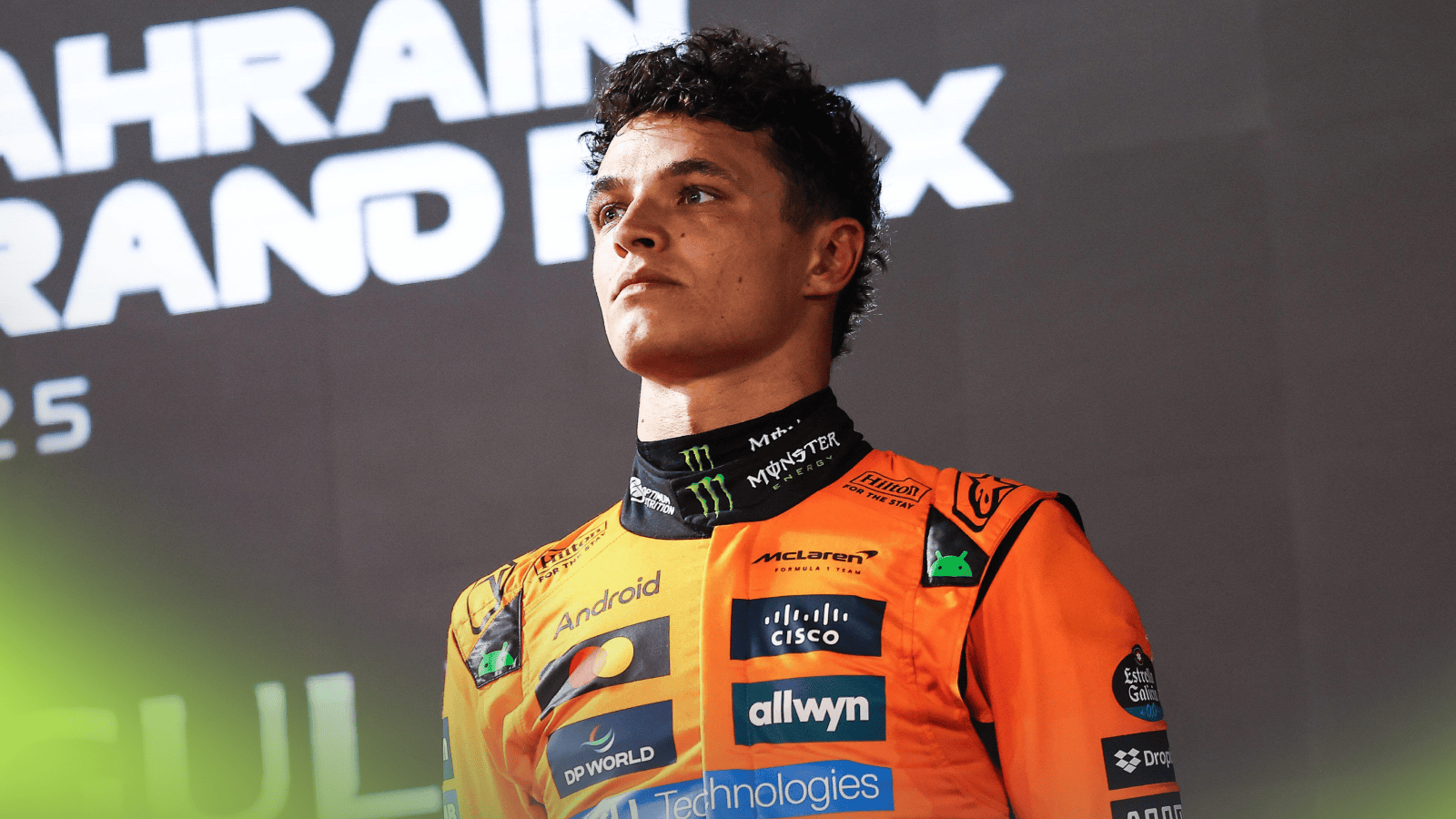 Lando Norris looks on during the podium ceremony in Bahrain