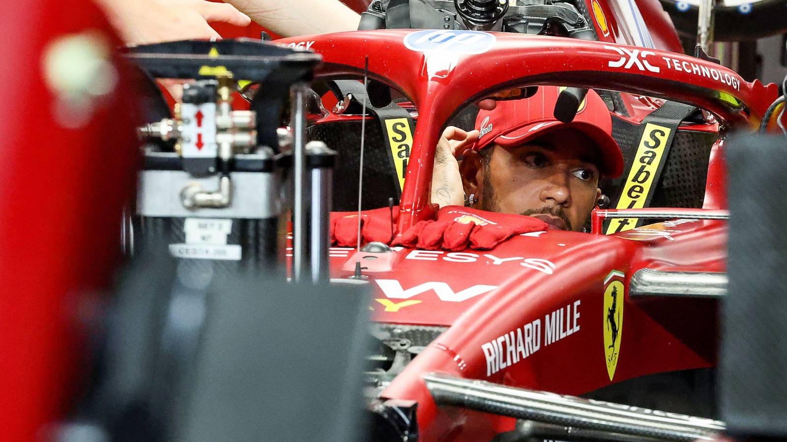Lewis Hamilton sat in the Ferrari cockpit at the 2025 Saudi Arabian Grand Prix