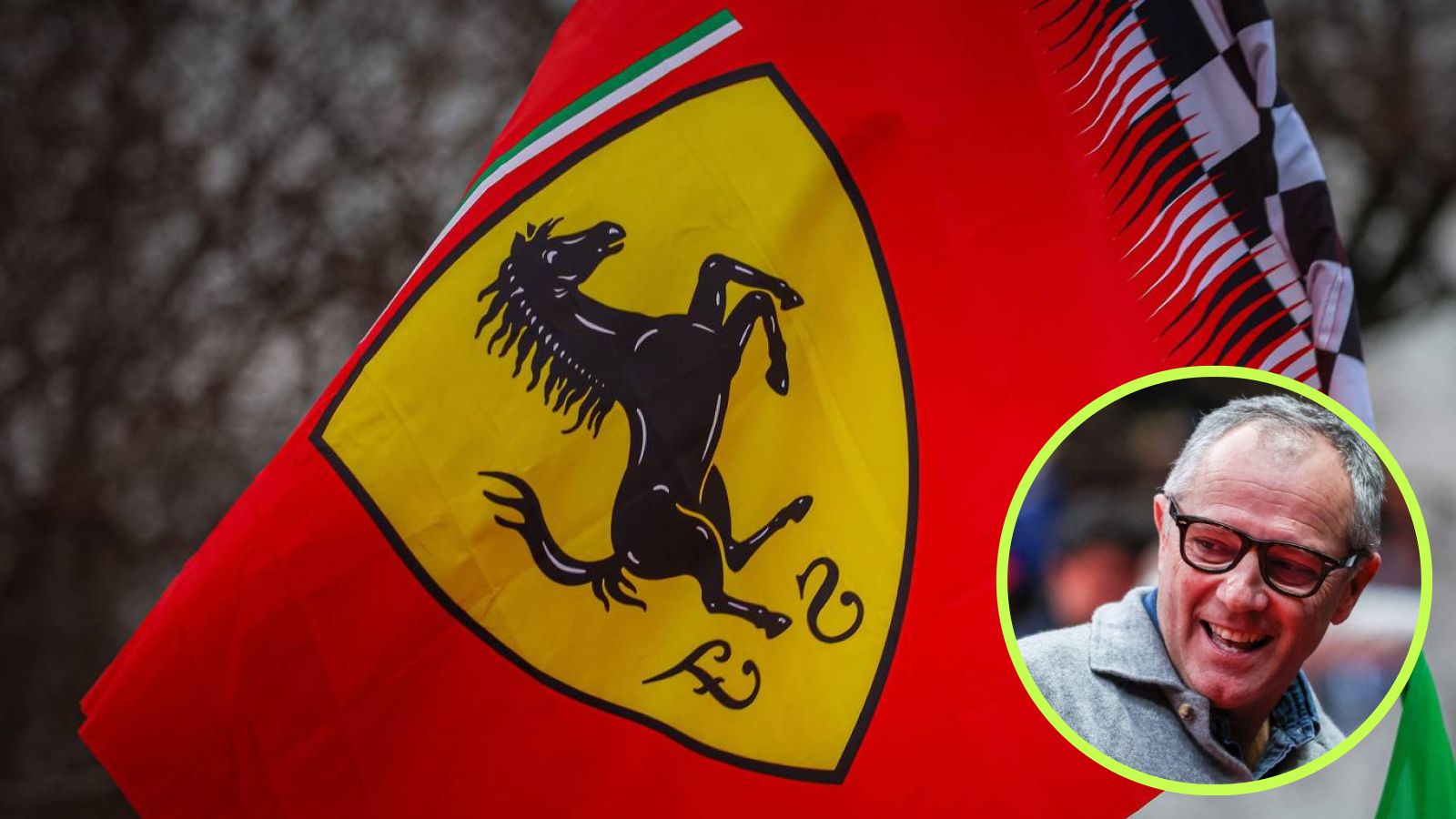 A Ferrari flag flies at their Fiorano track, with Formula 1 president Stefano Domenicali smiling in a circle bottom right