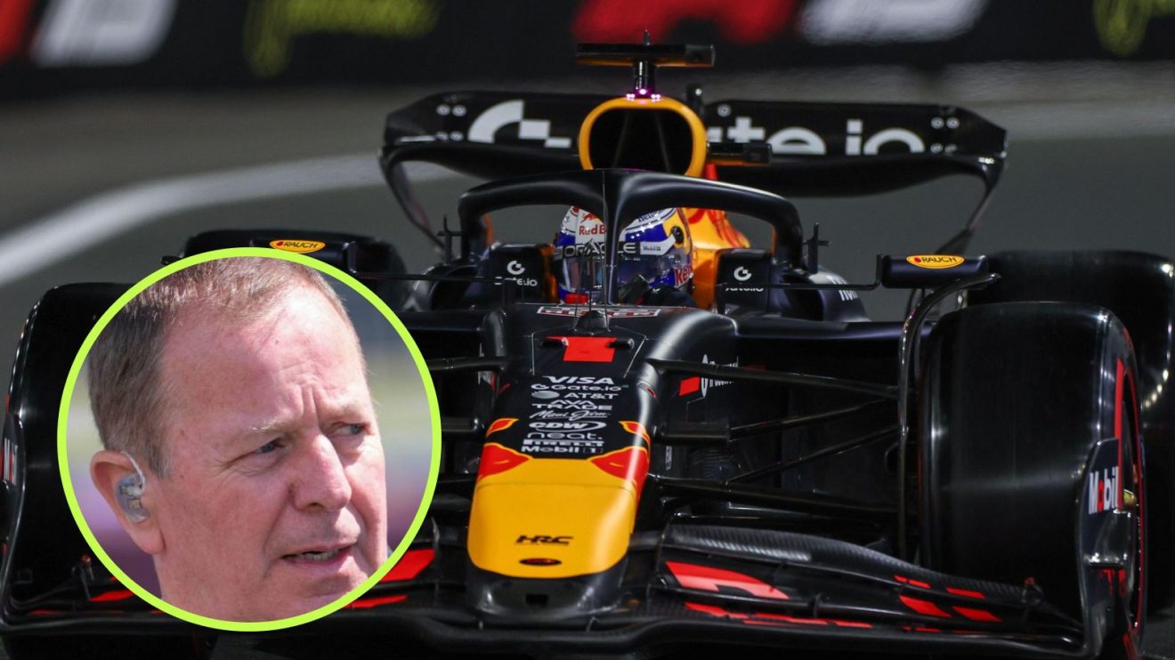 Max Verstappen driving the Red Bull RB21 at the Saudi Arabian Grand Prix, as Martin Brundle looks his way in a bottom-left circle