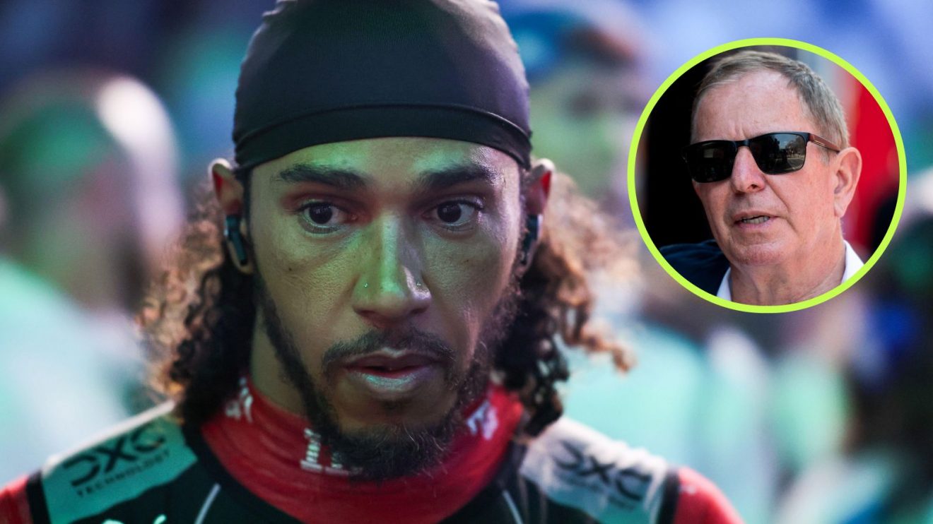 A stern-looking Lewis Hamilton at the 2025 Saudi Arabian Grand Prix, and Martin Brundle in a circle top right