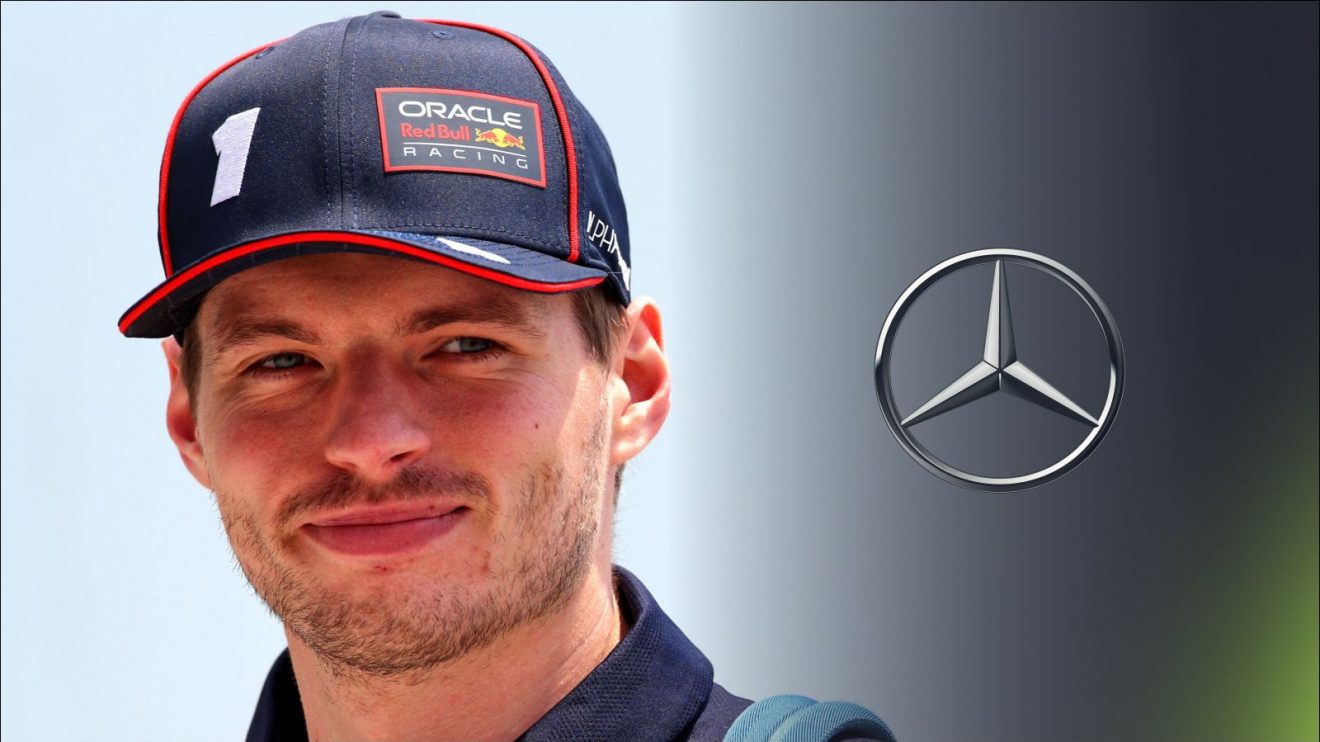 Red Bull's Max Verstappen smiling, with a Mercedes badge to his right