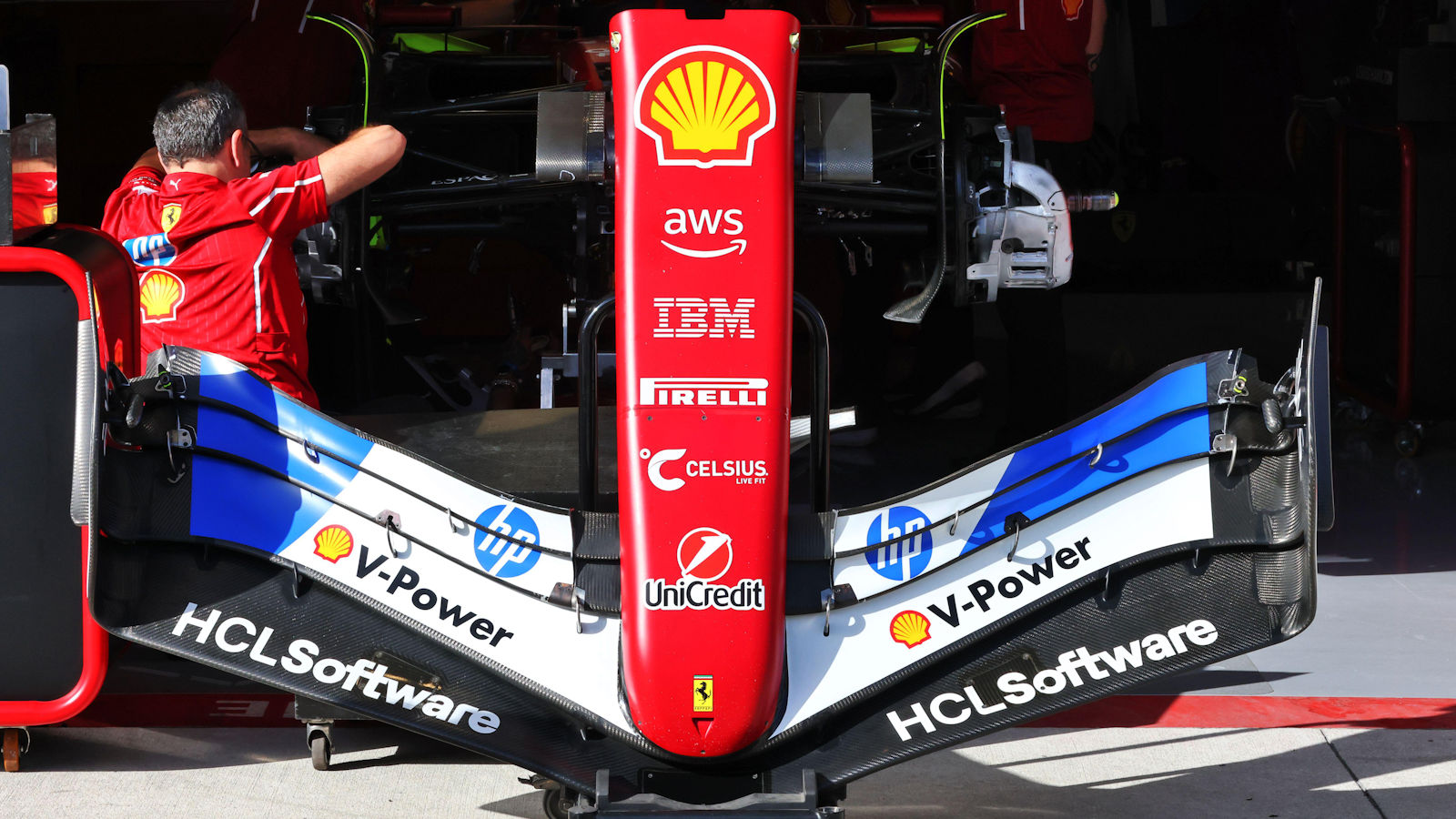 Top down overview of the Ferrari nose and front wing assembly