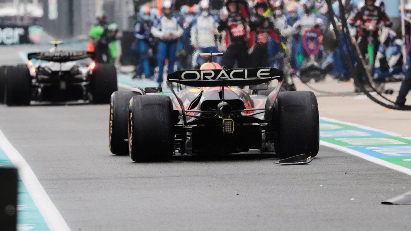Debris behind Max Verstappen after collided with Kimi Antonelli in the pit lane during the Miami Grand Prix sprint