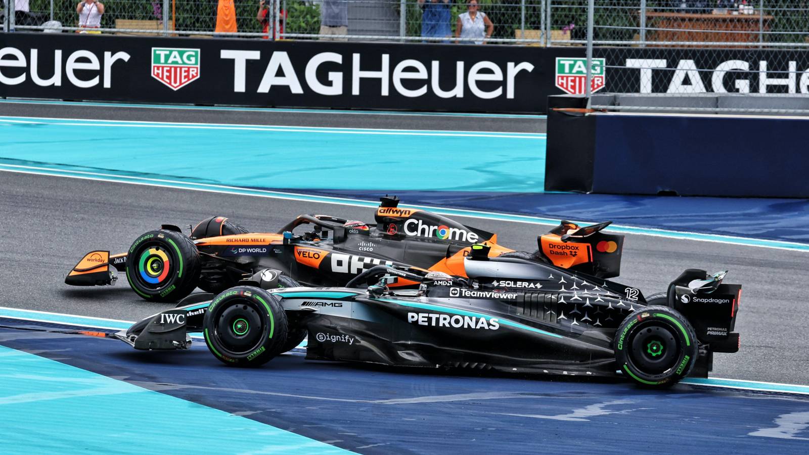 Oscar Piastri and Kimi Antonelli battle for the lead of the 2025 Miami GP sprint as Antonelli runs wide