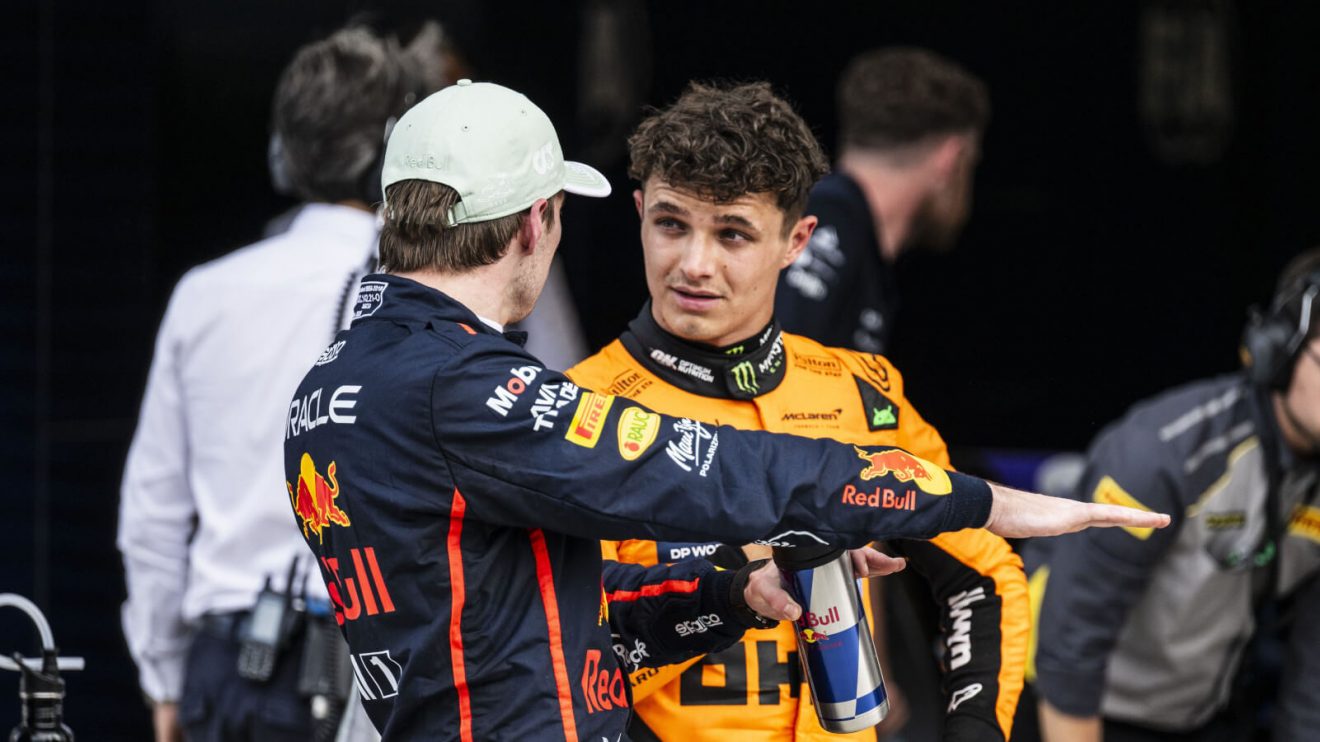 Max Verstappen explaining to Lando Norris