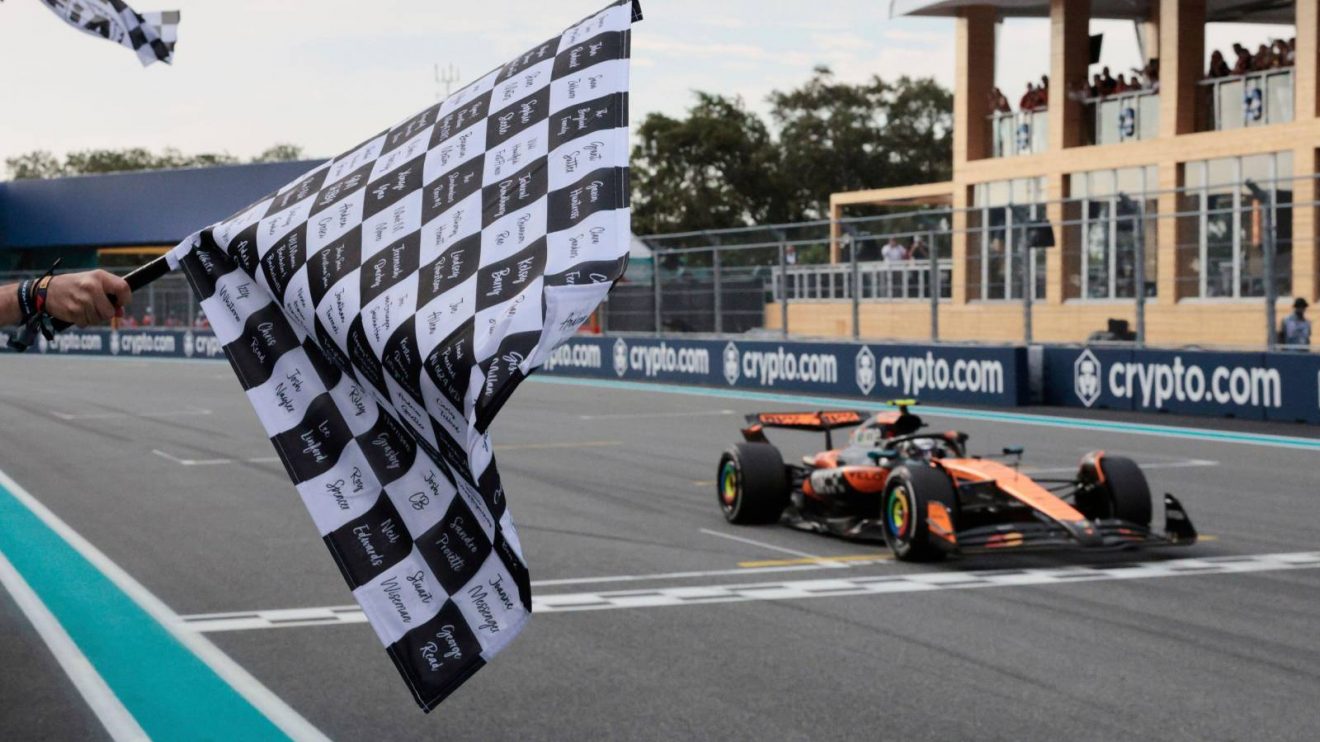 McLaren's Oscar Piastri takes the chequered flag to win the 2025 Miami Grand Prix