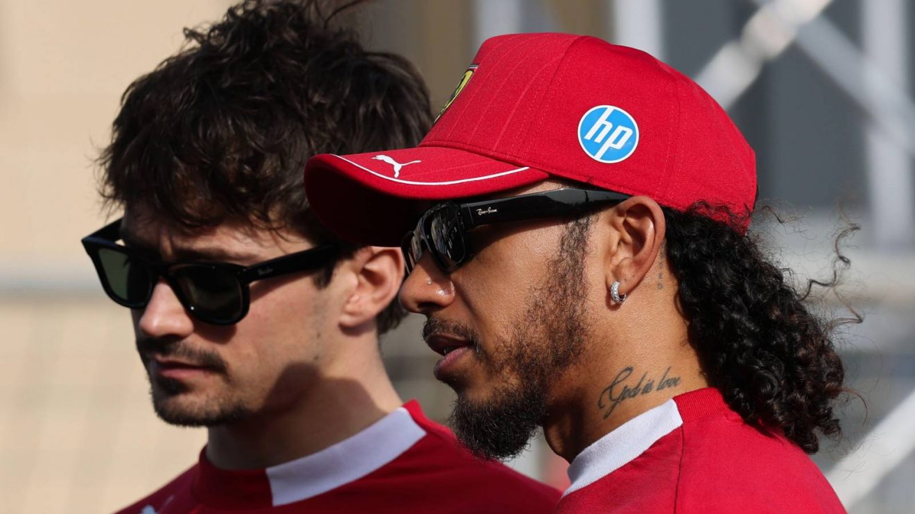 Ferrari's Charles Leclerc and Lewis Hamilton speaking at the 2025 Bahrain Grand Prix