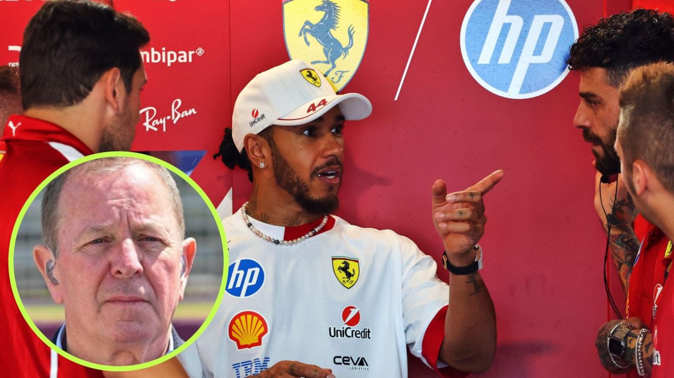 Lewis Hamilton speaking with his Ferrari crew at the 2025 Miami Grand Prix, with Martin Brundle in a circle bottom left