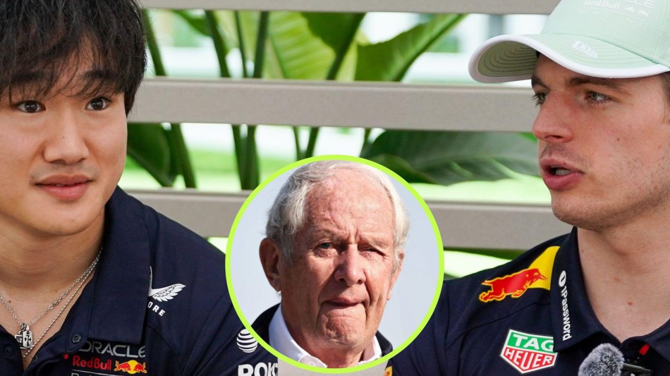 Yuki Tsunoda and Max Verstappen look towards each other at the 2025 Miami Grand Prix, with Helmut Marko in a circle bottom centre