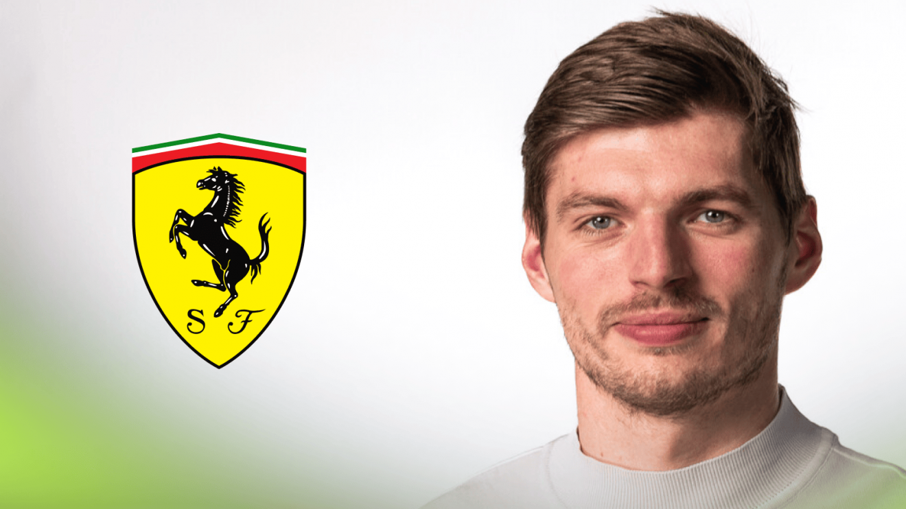 A studio shot of Max Verstappen against a white background with a prominent Ferrari logo alongside him