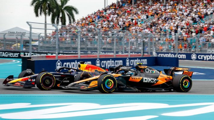 McLaren's Lando Norris and Red Bull's Max Verstappen battle in Miami.