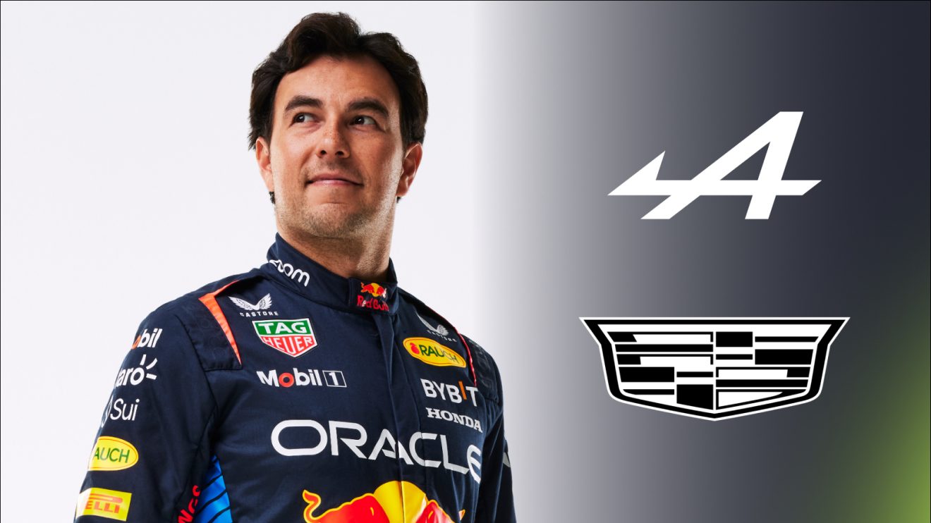 Sergio Perez with the Alpine and Cadillac badges.