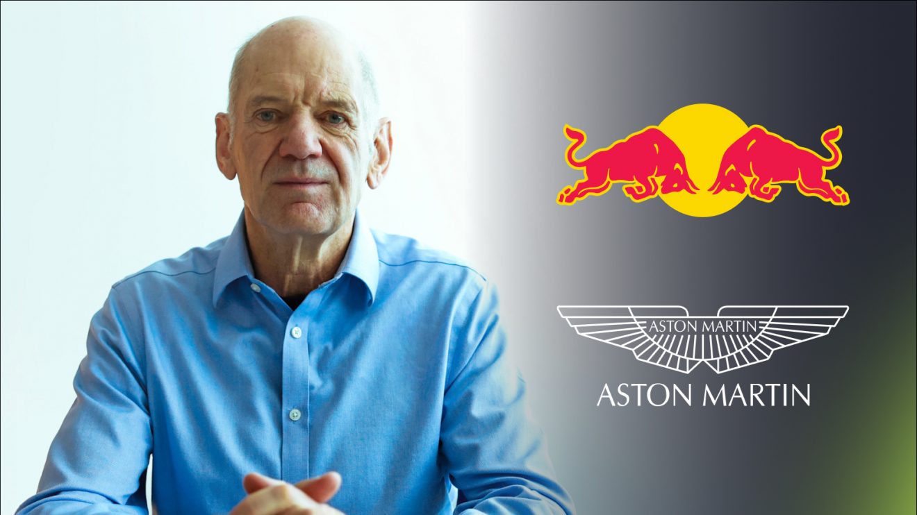 Adrian Newey alongside the Red Bull and Aston Martin logos