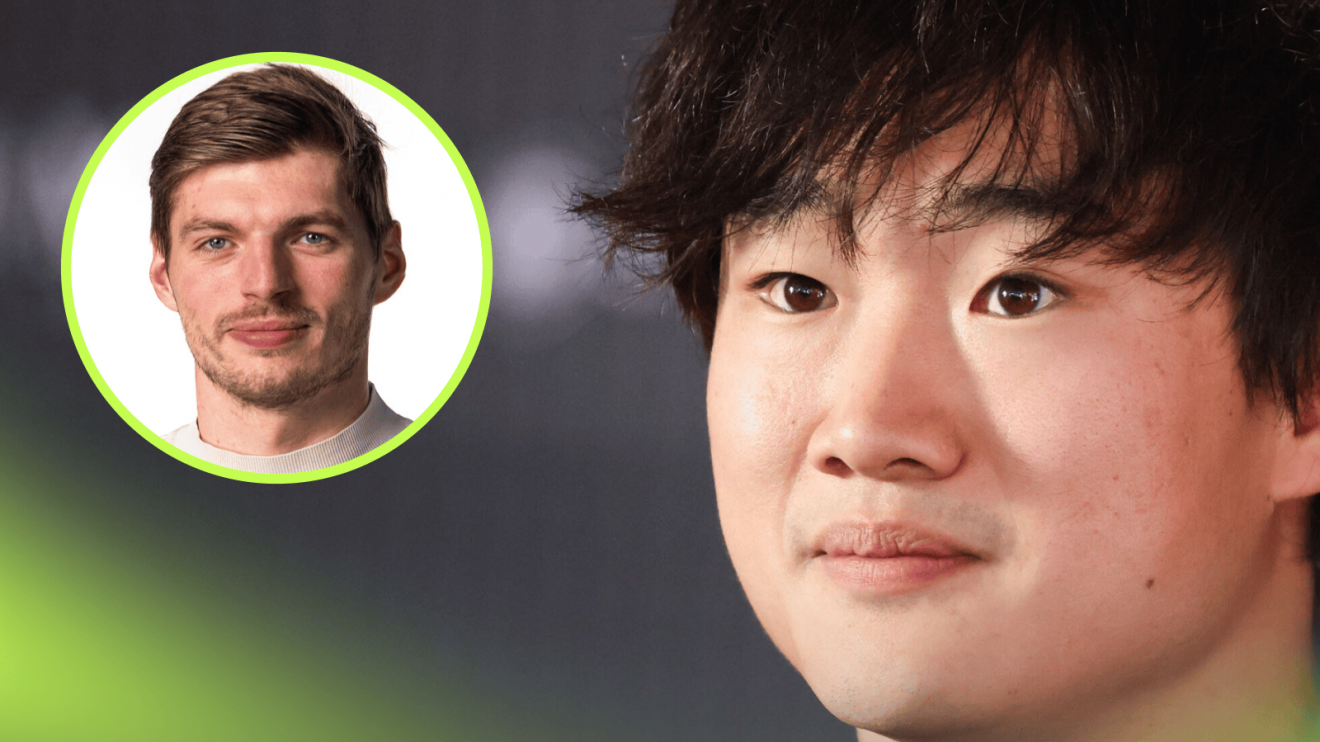 A close-up shot of Yuki Tsunoda with an inset of Max Verstappen