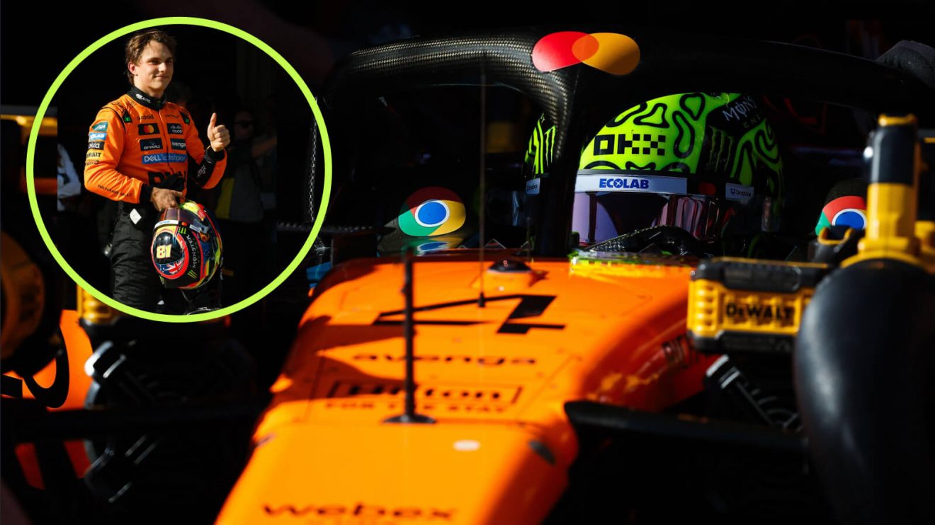 Oscar Piastri celebrates pole position, Lando Norris in the car