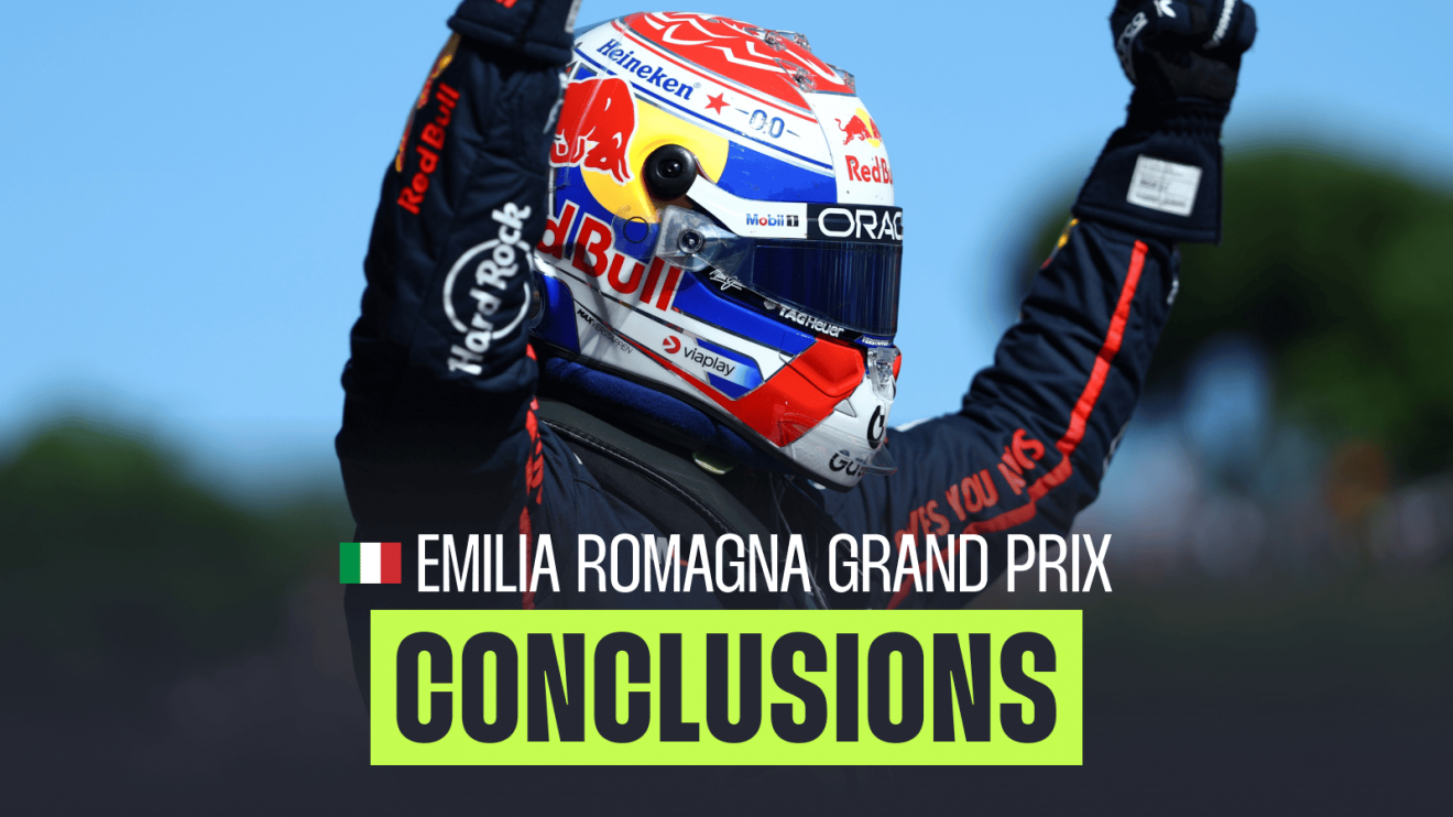 Max Verstappen raises his arms in celebration at Imola with a PlanetF1.com conclusions banner positioned centre-bottom