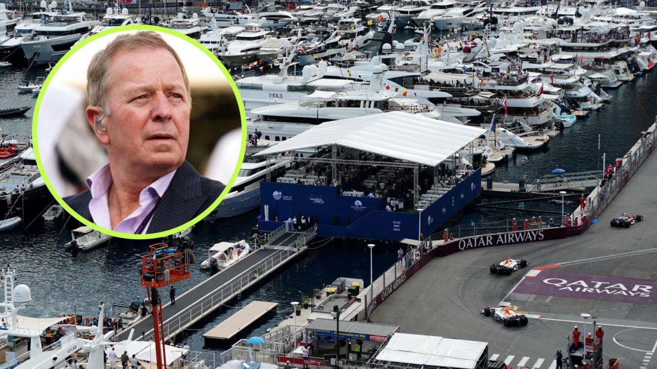Action on track at the 2025 Monaco Grand Prix, as Martin Brundle watches from a circle top left