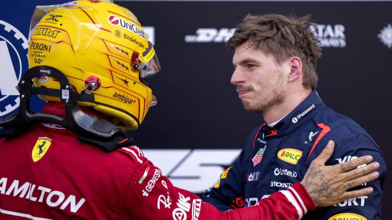 Lewis Hamilton and Max Verstappen in discussion after 2025 Monaco Grand Prix qualifying