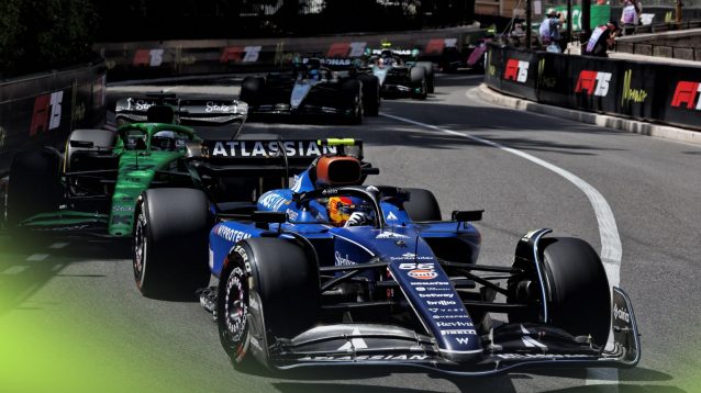 Carlos Sainz in the Williams leads a train of cars at the 2025 Monaco Grand Prix