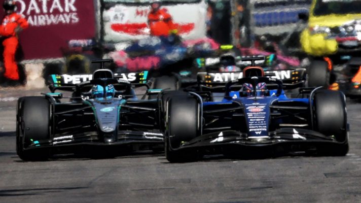Alex Albon narrowly leads George Russell on the run towards Tabac during the Monaco Grand Prix.