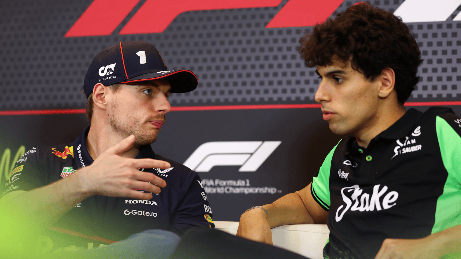 Max Verstappen and Gabriel Bortoleto in conversation in a press conference in Monaco