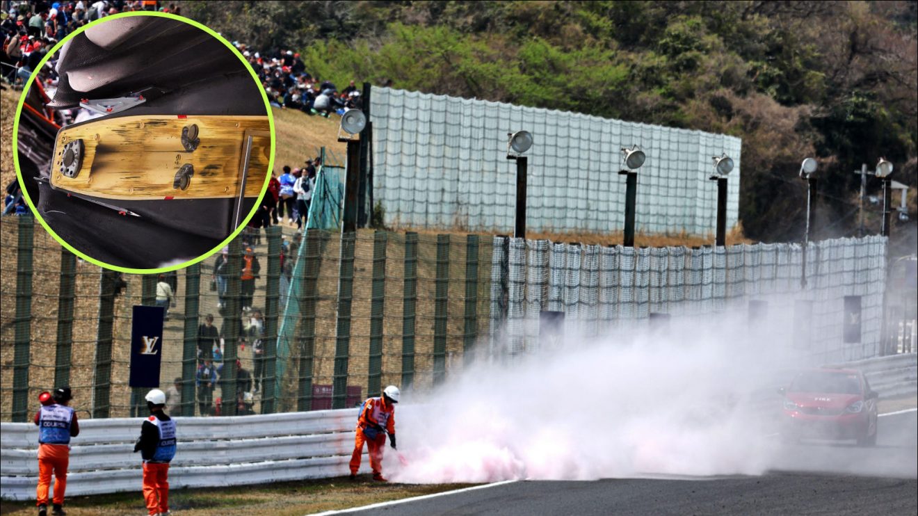 Grass fire at the Japanese Grand Prix (skid inset)