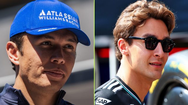 Williams driver Alex Albon on the left, and Mercedes' George Russell on the right