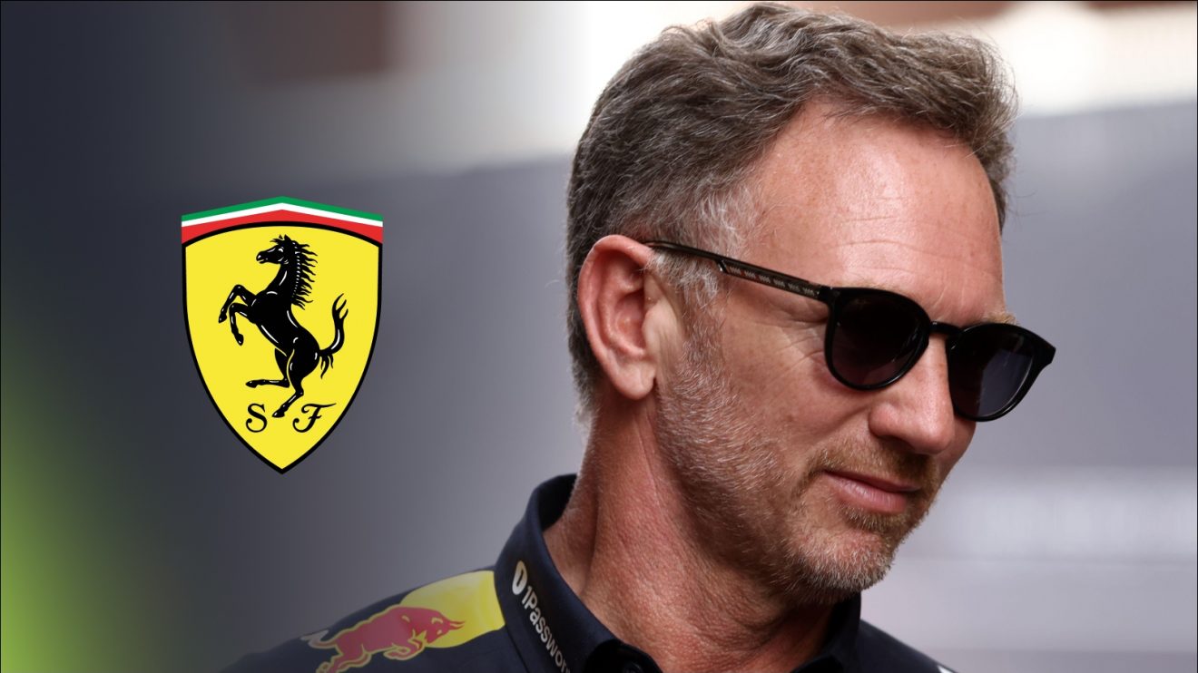 the Ferrari badge and Christian Horner