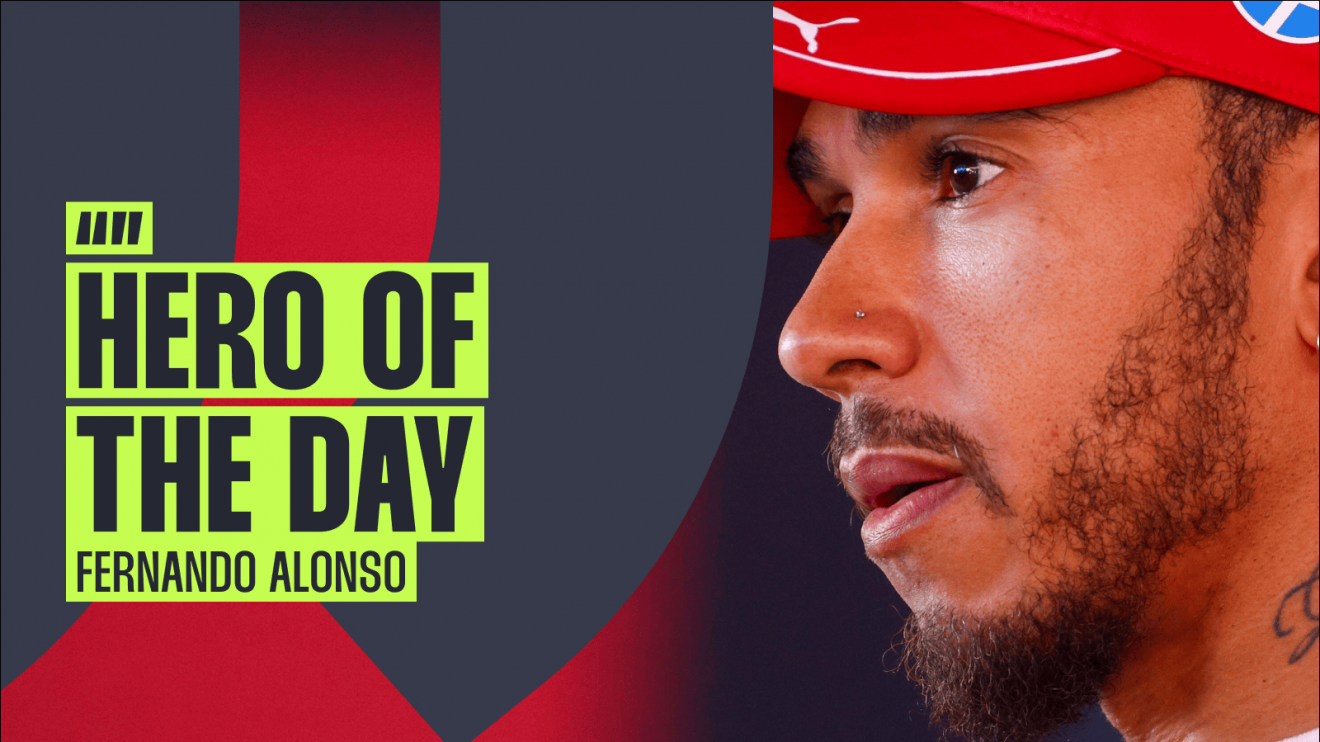 A close-up shot of Lewis Hamilton alongside a quote by Fernando Alonso reading: 'Hero of the day'