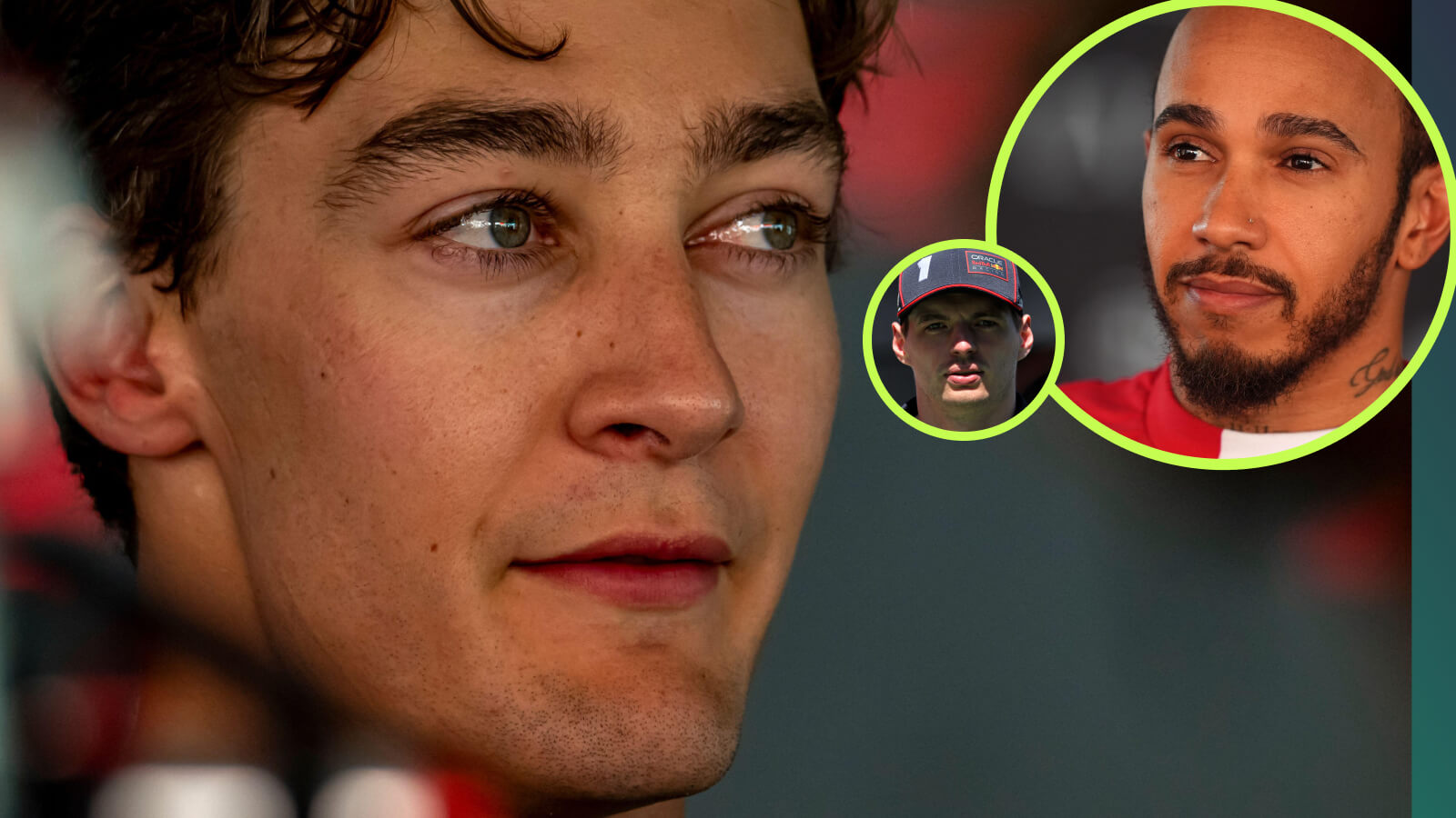 George Russell, Max Verstappen and Lewis Hamilton