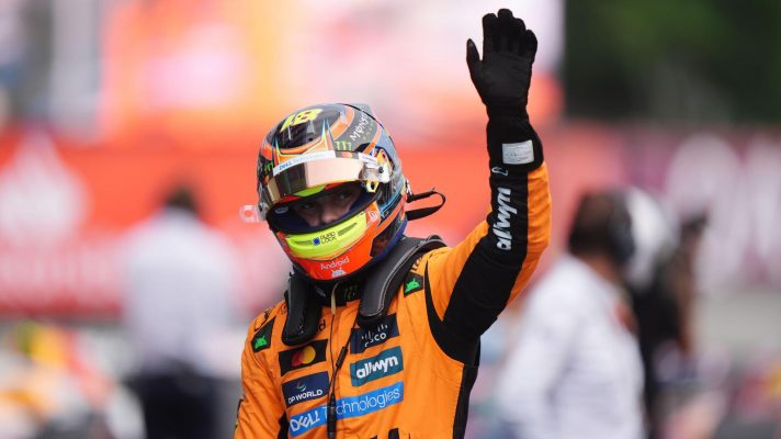 Oscar Piastri celebrate pole position after qualifying at the Circuit de Barcelona-Catalunya