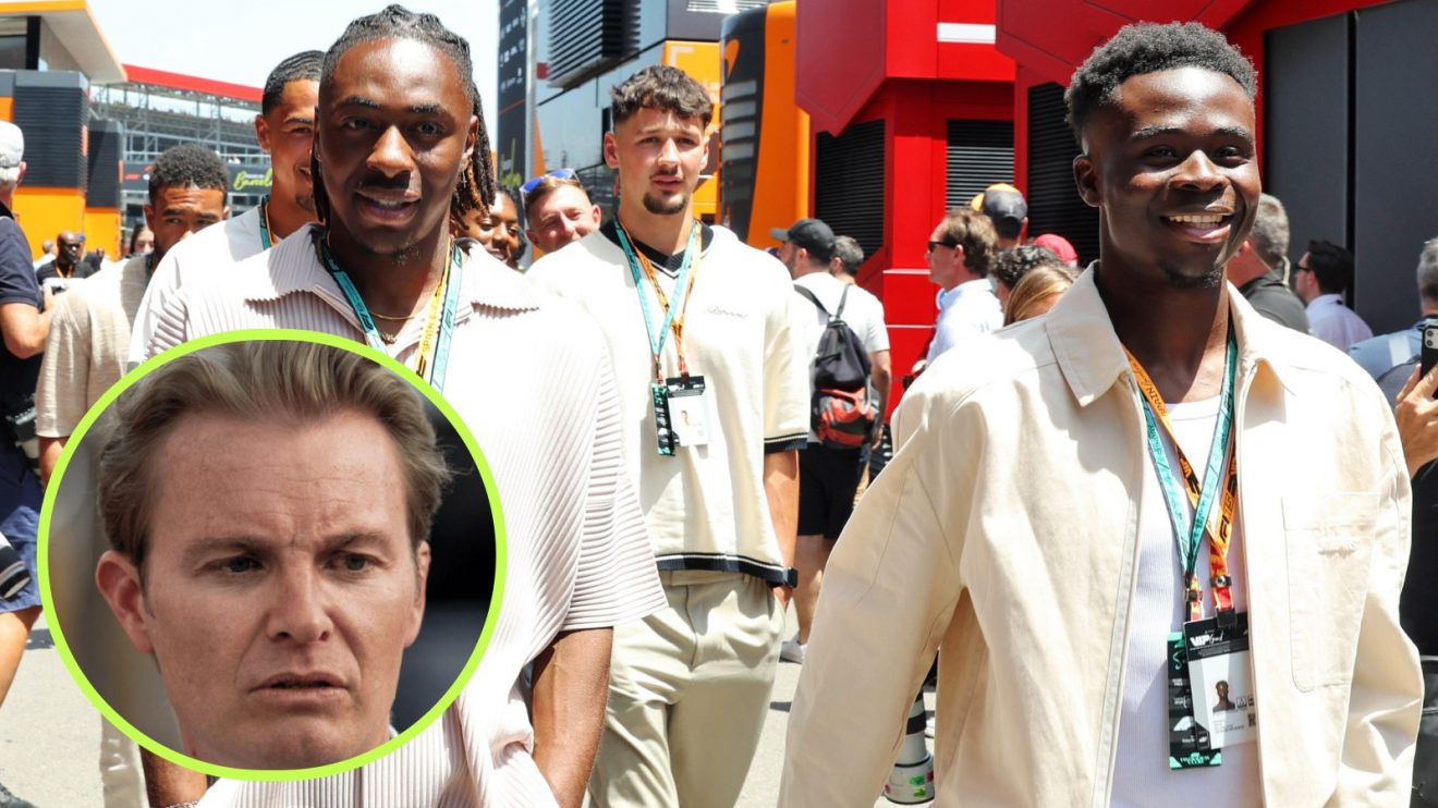 Bukayo Saka in the 2025 Spanish Grand Prix paddock with his England team-mates, and Nico Rosberg in a circle bottom left