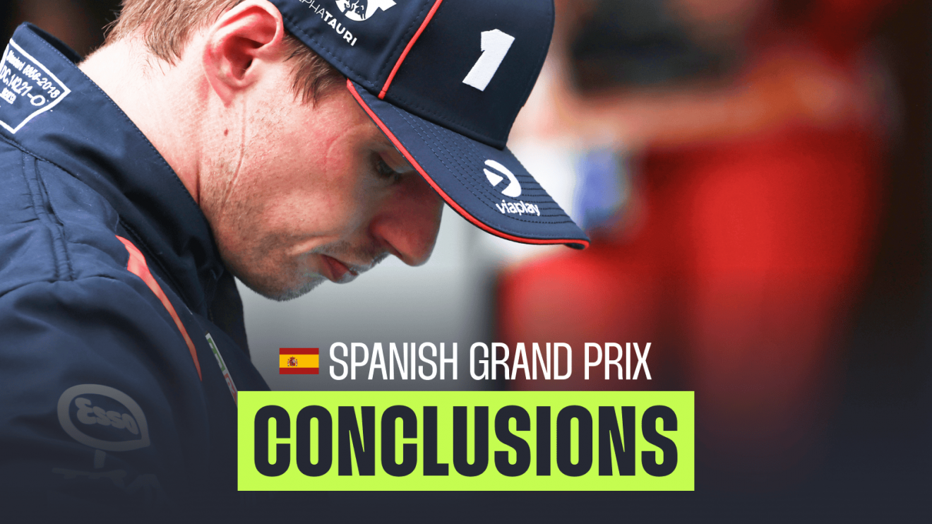 A side-profile shot of Max Verstappen looking down with a PlanetF1.com conclusions banner positioned centre-bottom