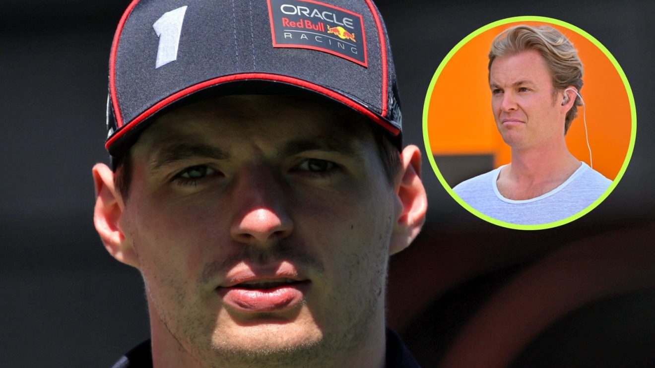Max Verstappen looks towards the camera at the 2025 Spanish Grand Prix, as Nico Rosberg looks his way from a circle top right