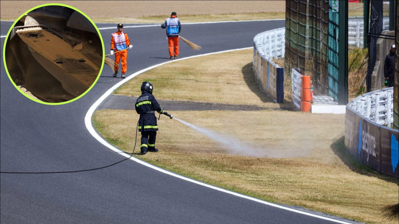 Grass being watered at the Japanese Grand Prix to put out fires
