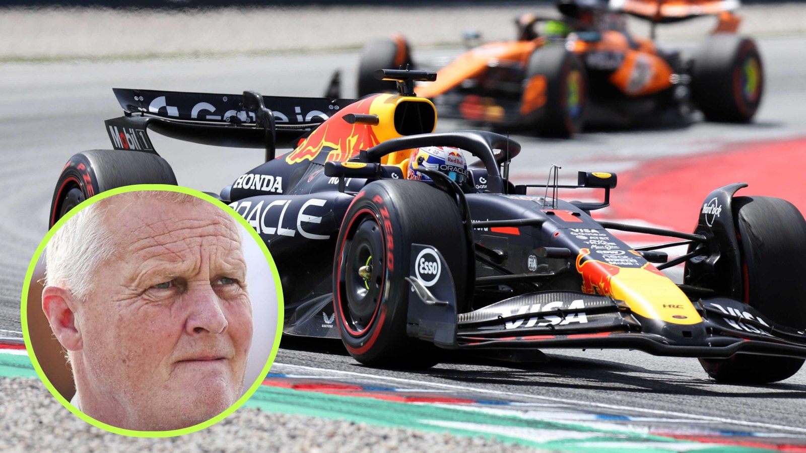 Max Verstappen ahead of Lando Norris at the 2025 Spanish Grand Prix, with Johnny Herbert in a circle bottom left