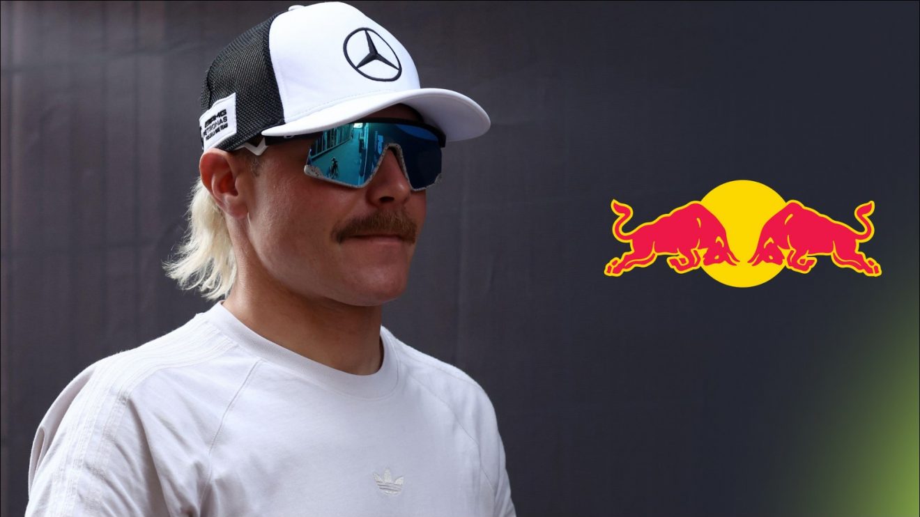 Mercedes reserve Valtteri Bottas pictured at the 2025 Monaco Grand Prix, with a Red Bull badge to his right