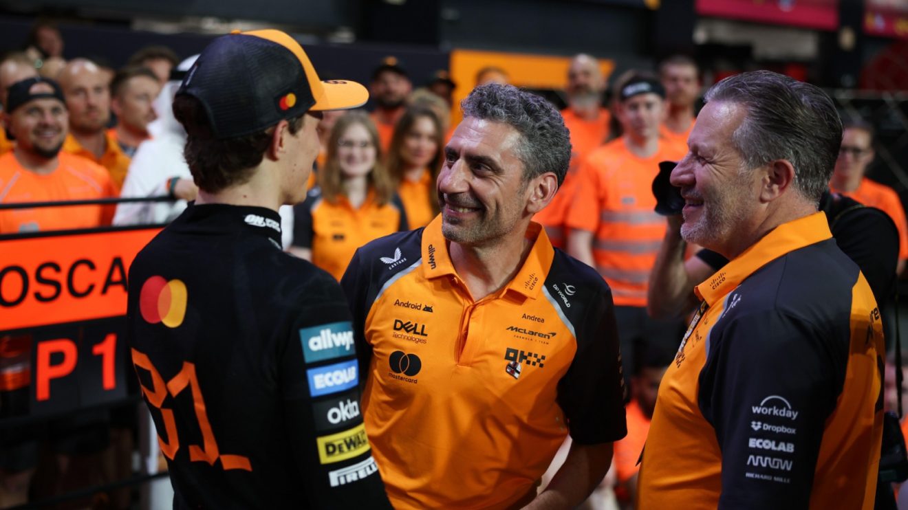 McLaren's Oscar Piastri, team principal Andrea Stella, and CEO Zak Brown after the Saudi Arabian Grand Prix.
