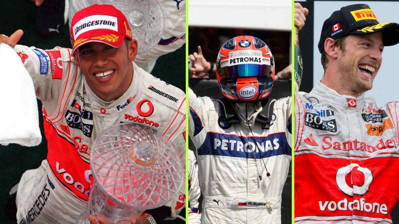 Lewis Hamilton, Robert Kubica and Jenson Button all celebrate victory at the Canadian Grand Prix.